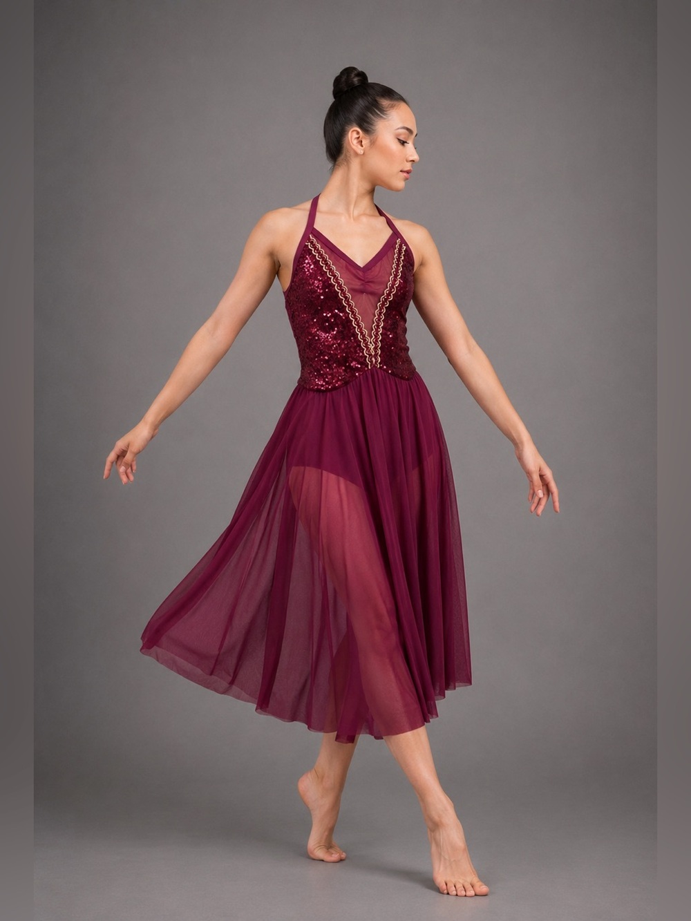 Weissman dance lyrical costume burgundy velvet sequin custom sample XSA adult